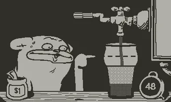 A scene from the original Playdate game Root Bear - the glass fills under the tap and has to stop at the line