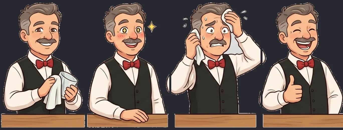 Final bartender - polishing a glass, sparkling eyes, sweating, thumbs up