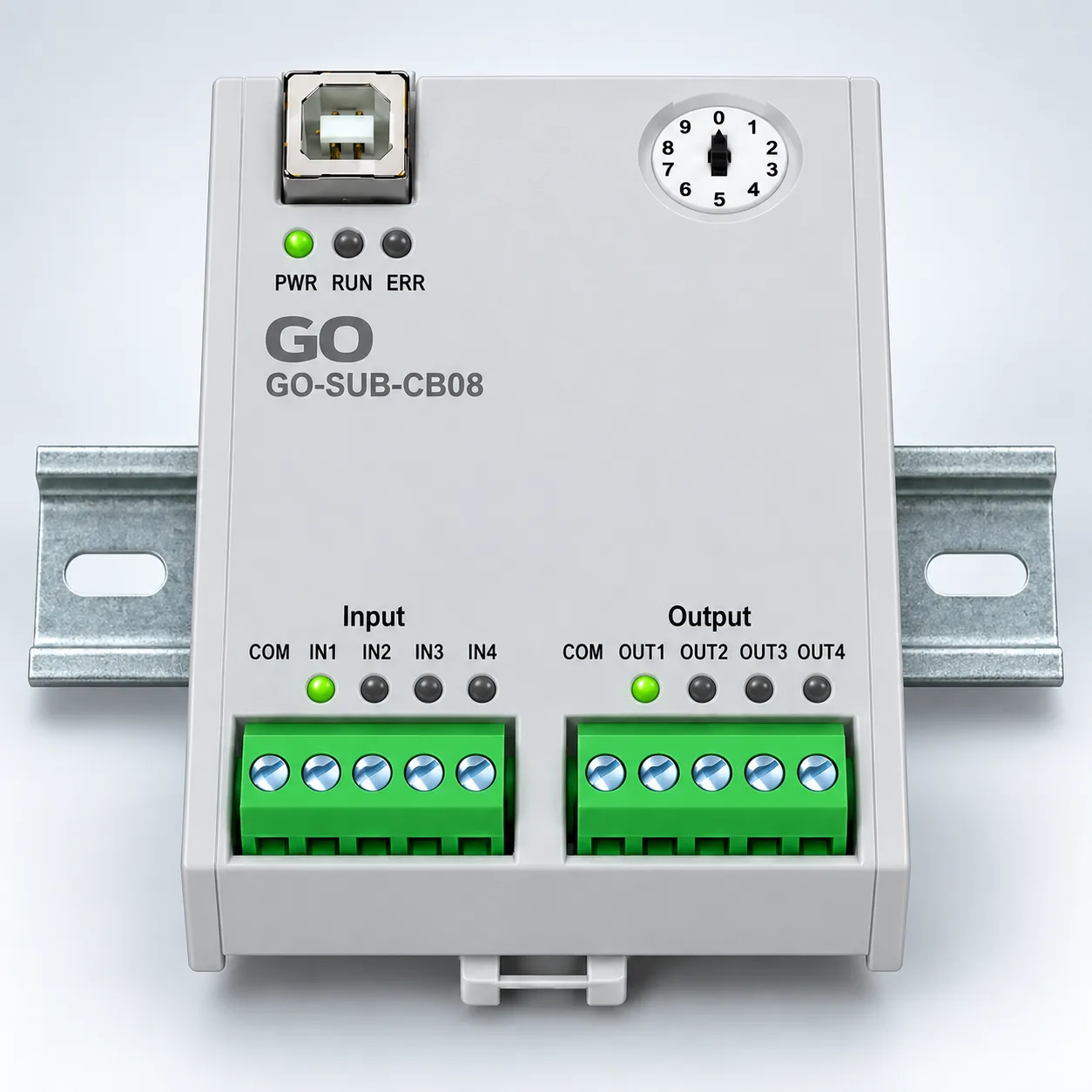 The GO-SUB-CB08 relay module - four relays, input and output terminal blocks, and two module bus connectors