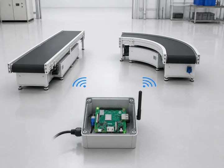 Conveyor modules and Raspberry Pi-based controller connected via Wi-Fi