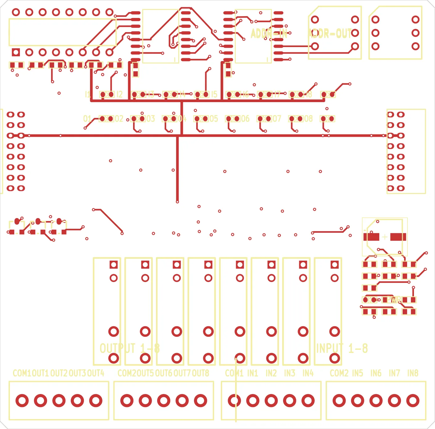 Top side of the board after the dimensions were corrected, showing the outline, pads and the terminal blocks along the bottom