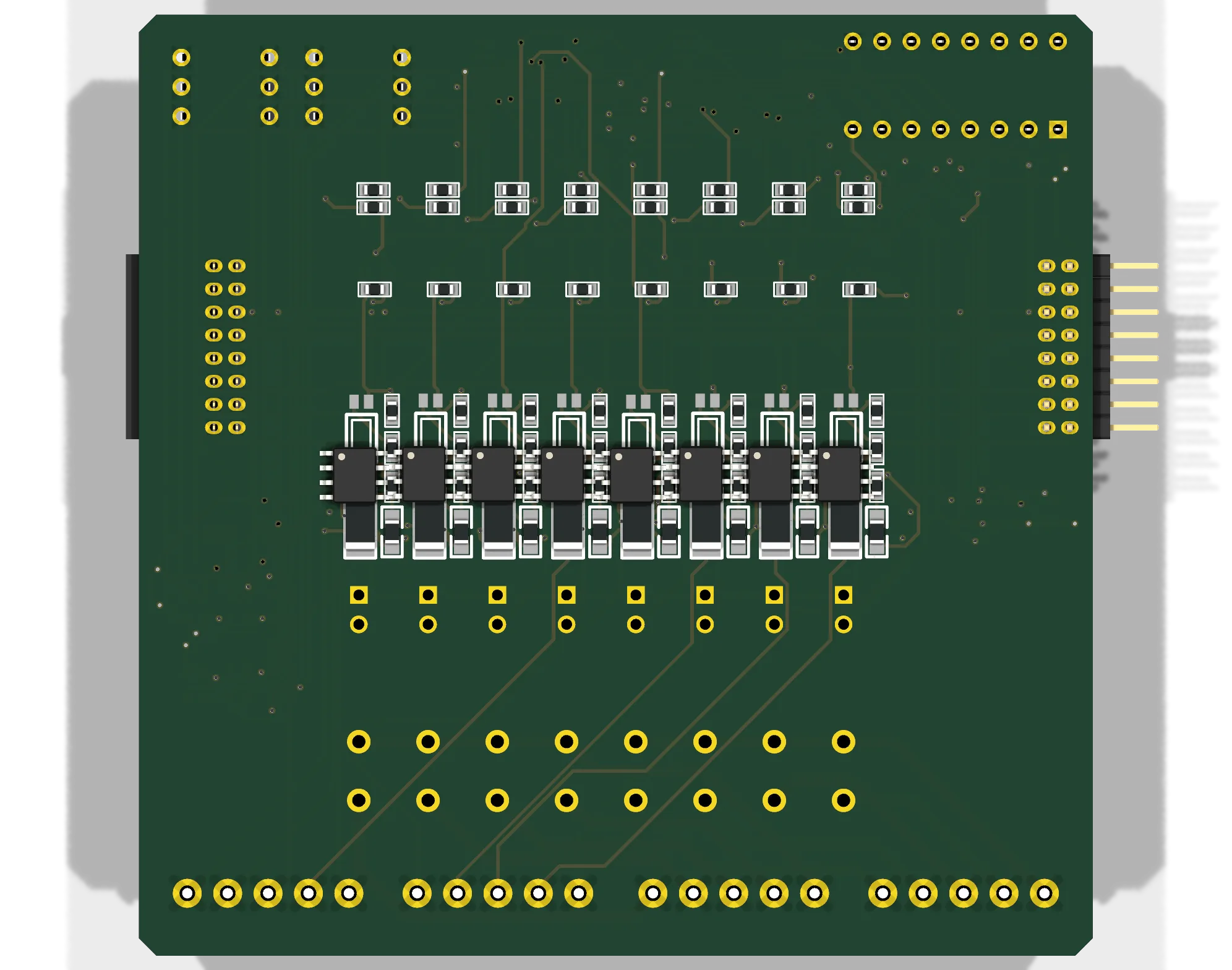 3D render of the finished board from below - the face crowded with surface-mount parts, where the pad-to-pad gaps are tightest