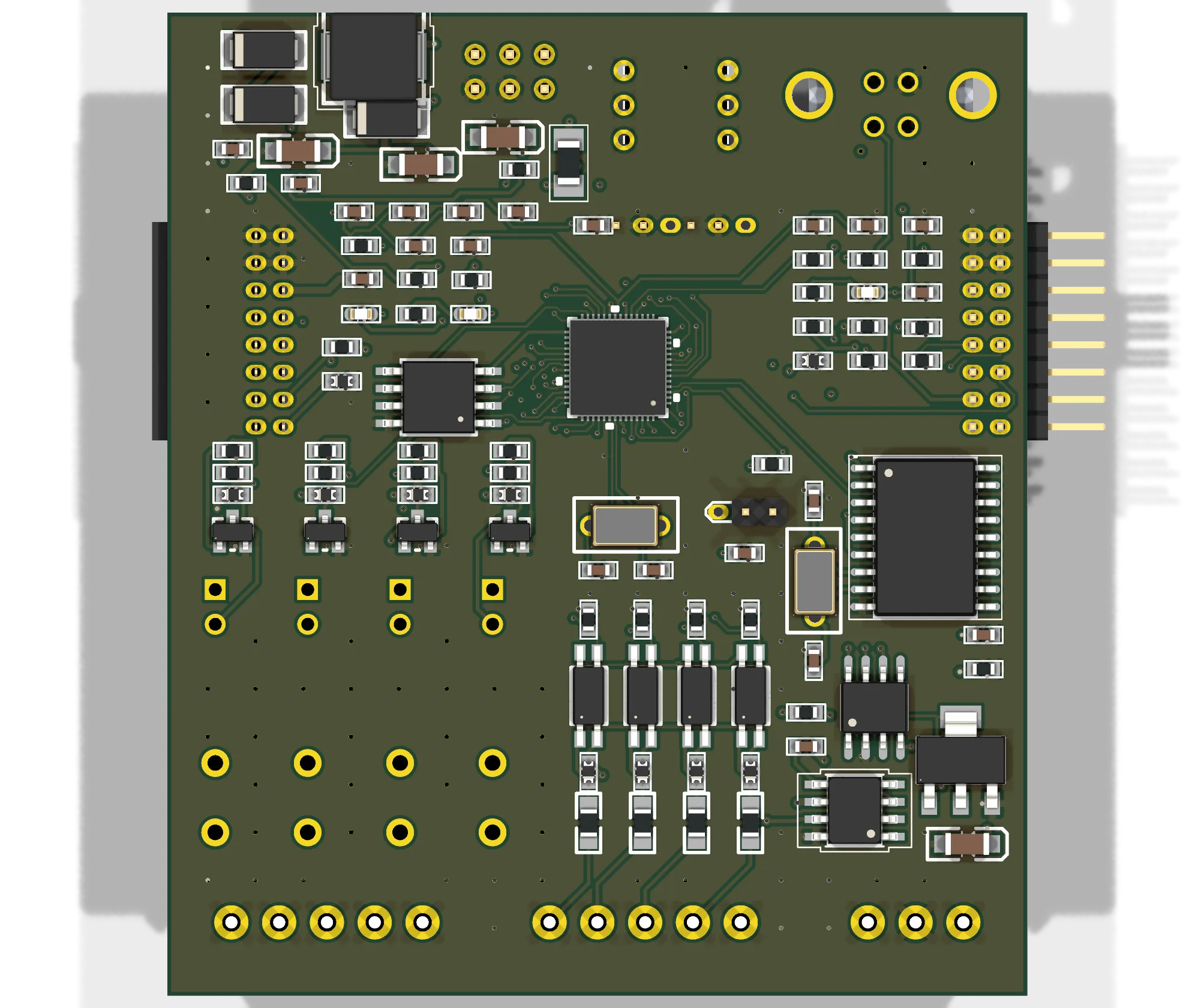 Populated bottom side of the board - resistors and capacitors packed around the 0.4mm pitch QFN in the middle
