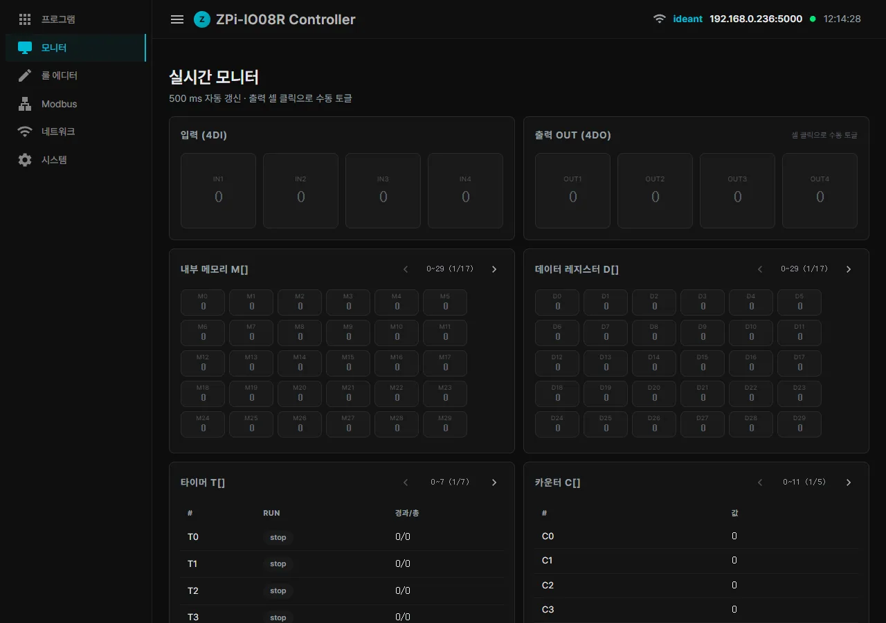 ZPi Controller live monitor page - four inputs and four outputs with memory, data register, timer and counter tables