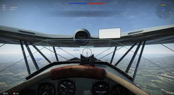 War Thunder cockpit view of a biplane in flight
