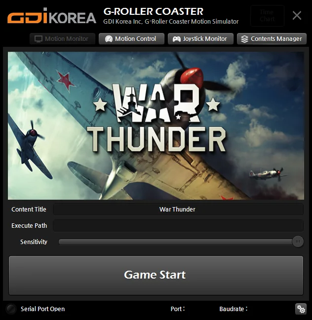 War Thunder를 선택한 G-Roller Coaster 운영 프로그램 메인 화면