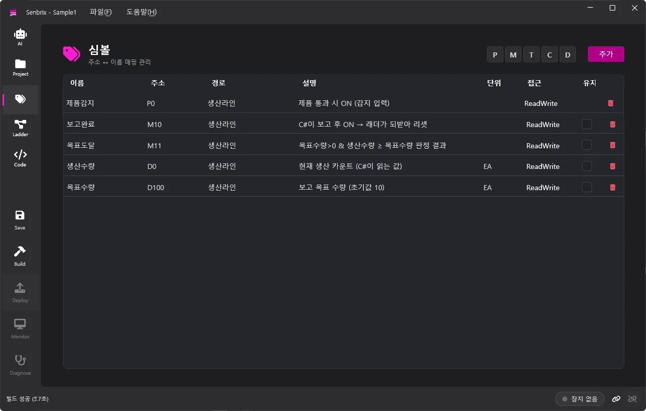 심볼 페이지 - 제품감지 P0, 생산수량 D0, 목표수량 D100, 보고완료 M10, 목표도달 M11