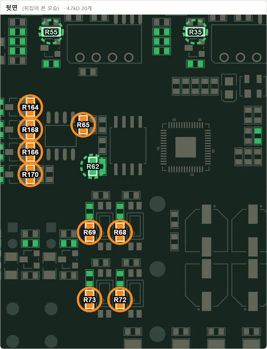 Zoomed bottom side. Parts still to place are orange, parts already soldered have green dashed circles